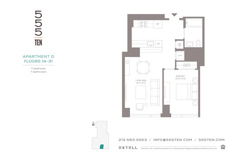 Floor plan for 1 bed, 1 bath, 640 sqft
